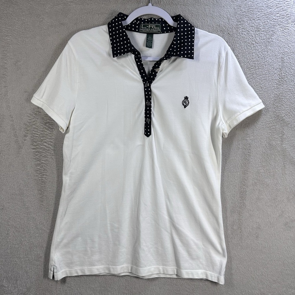 Lauren Ralph Lauren White Polo with Polka Dot Trim Women's L Preppy Cotton